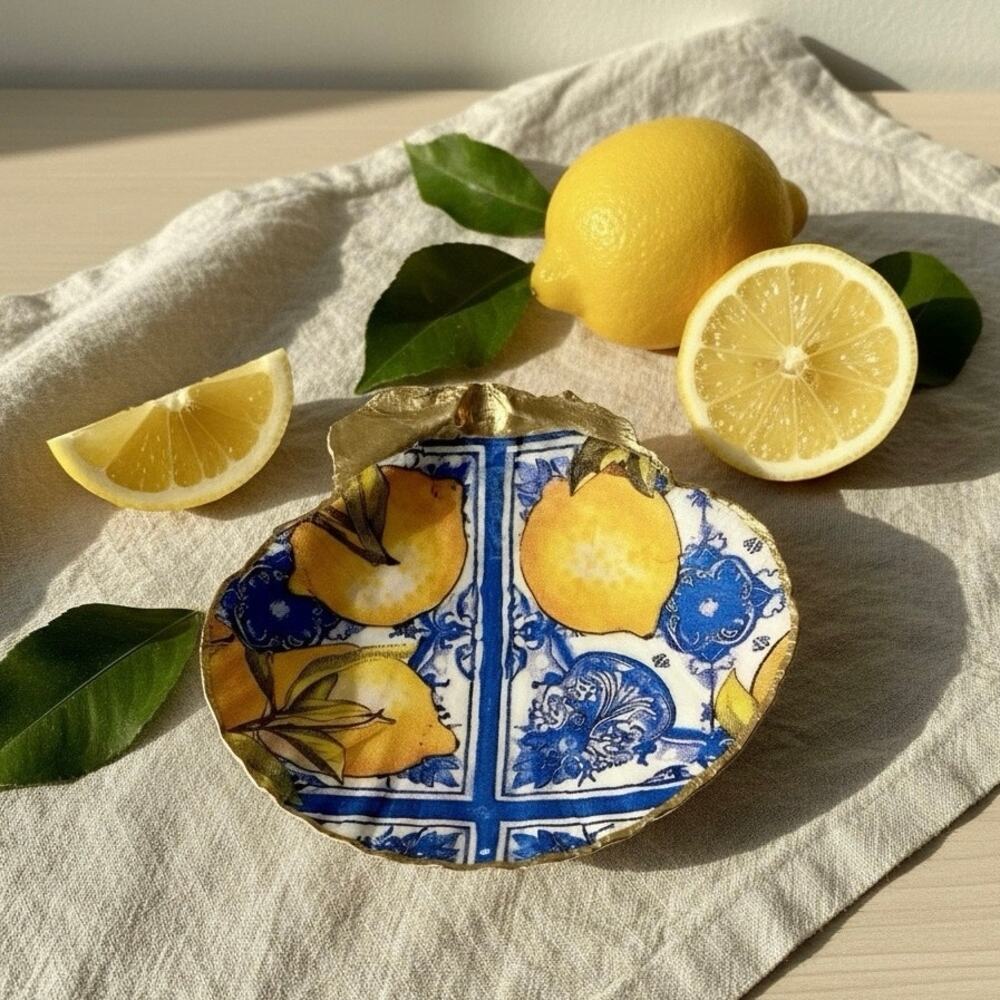 Tile Lemon Shell Dish Handmade Decoupage Scallop Ring Dish Mediterranean Decor